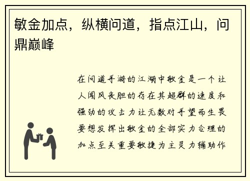敏金加点，纵横问道，指点江山，问鼎巅峰