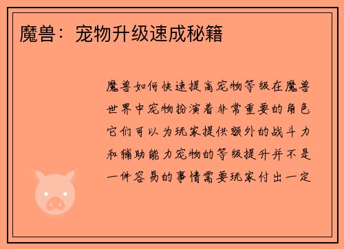 魔兽：宠物升级速成秘籍